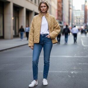 New blue b Yellow Mustard Allover Star Oversize Quilted Zip Up Comfy Jacket Coat